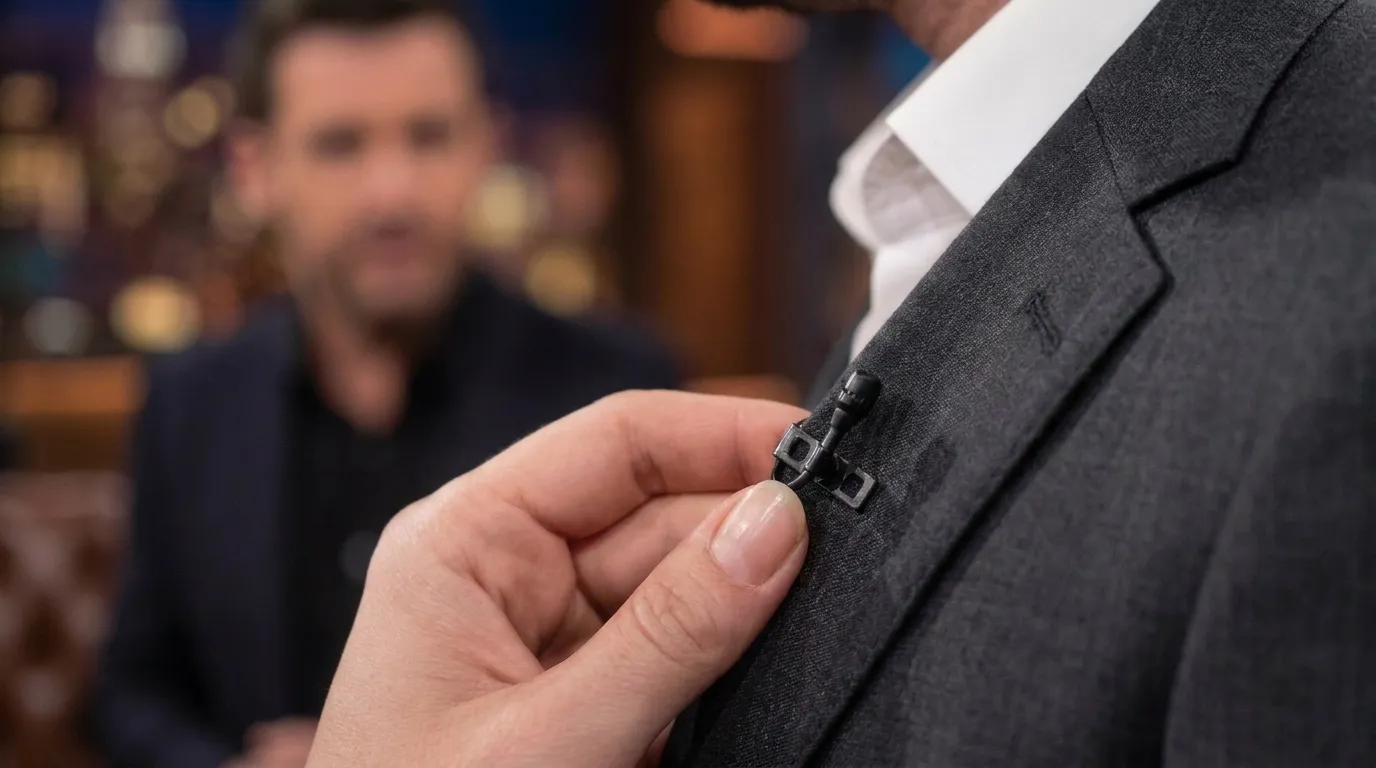 Mão prendendo um microfone de lapela, início de uma entrevista